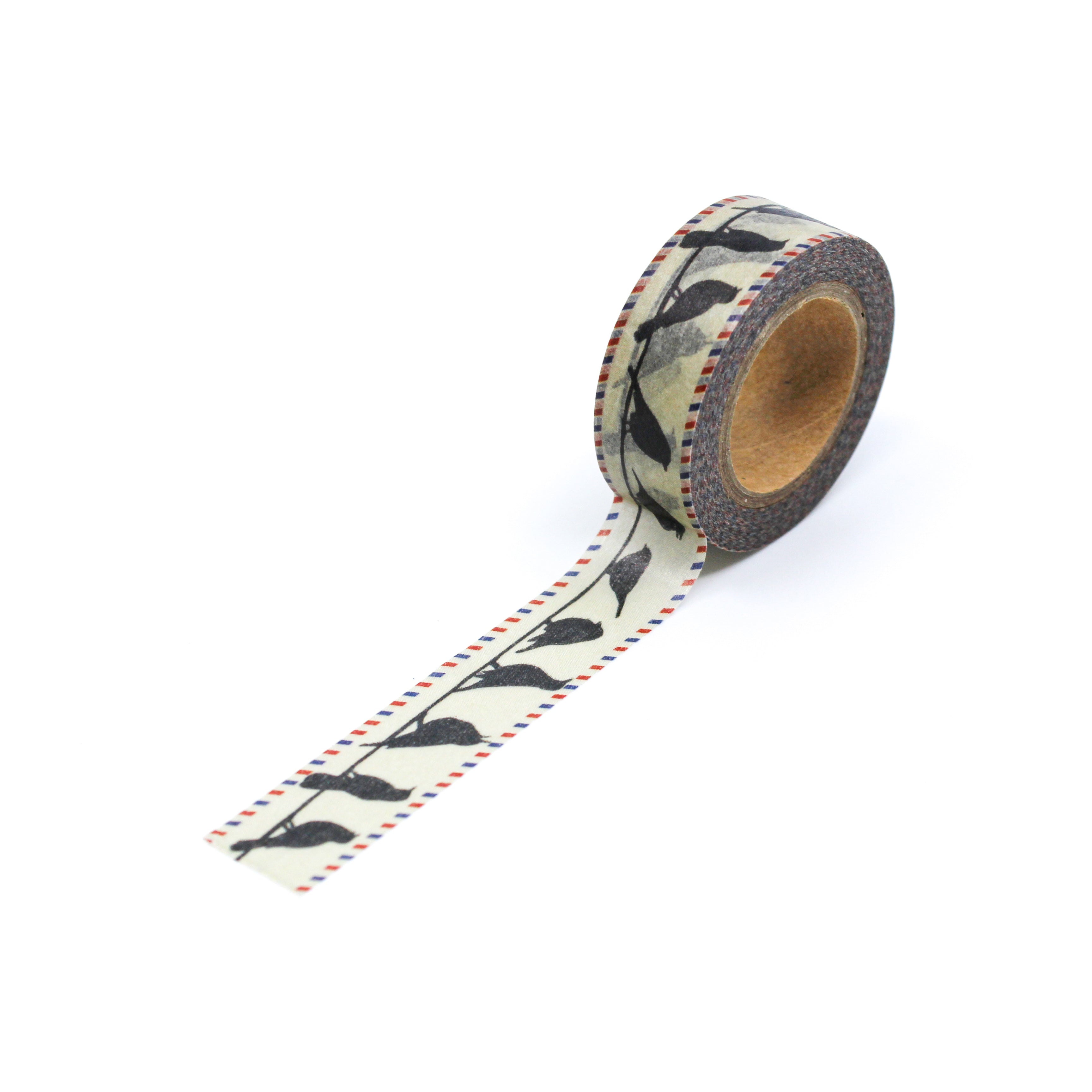 This is a full pattern repeat view of black birds on a wire pattern Washi Tape from BBB Supplies Craft Shop
