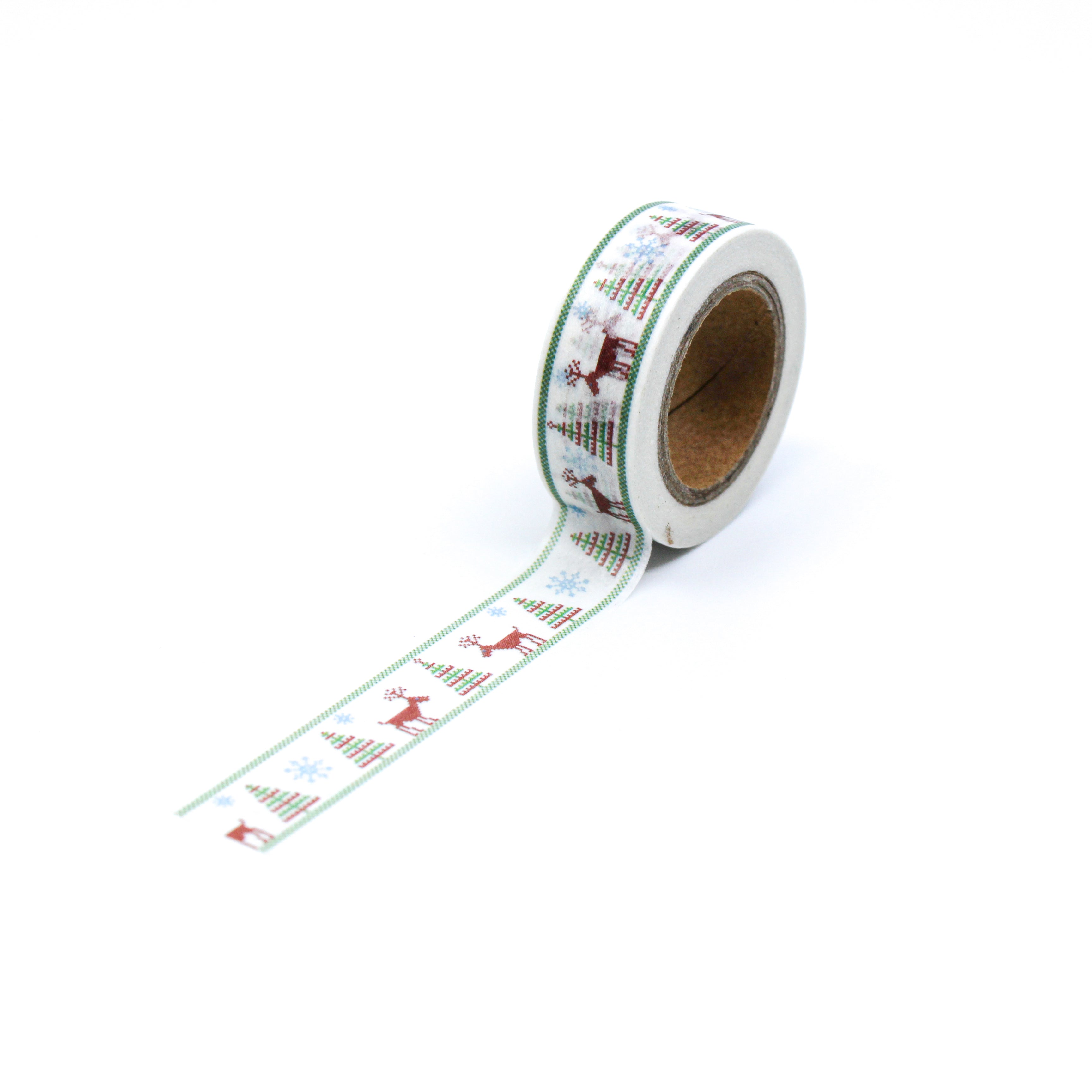 This is a full pattern repeat view of standing up reindeer with Christmas tree pattern Washi Tape from BBB Supplies Craft Shop