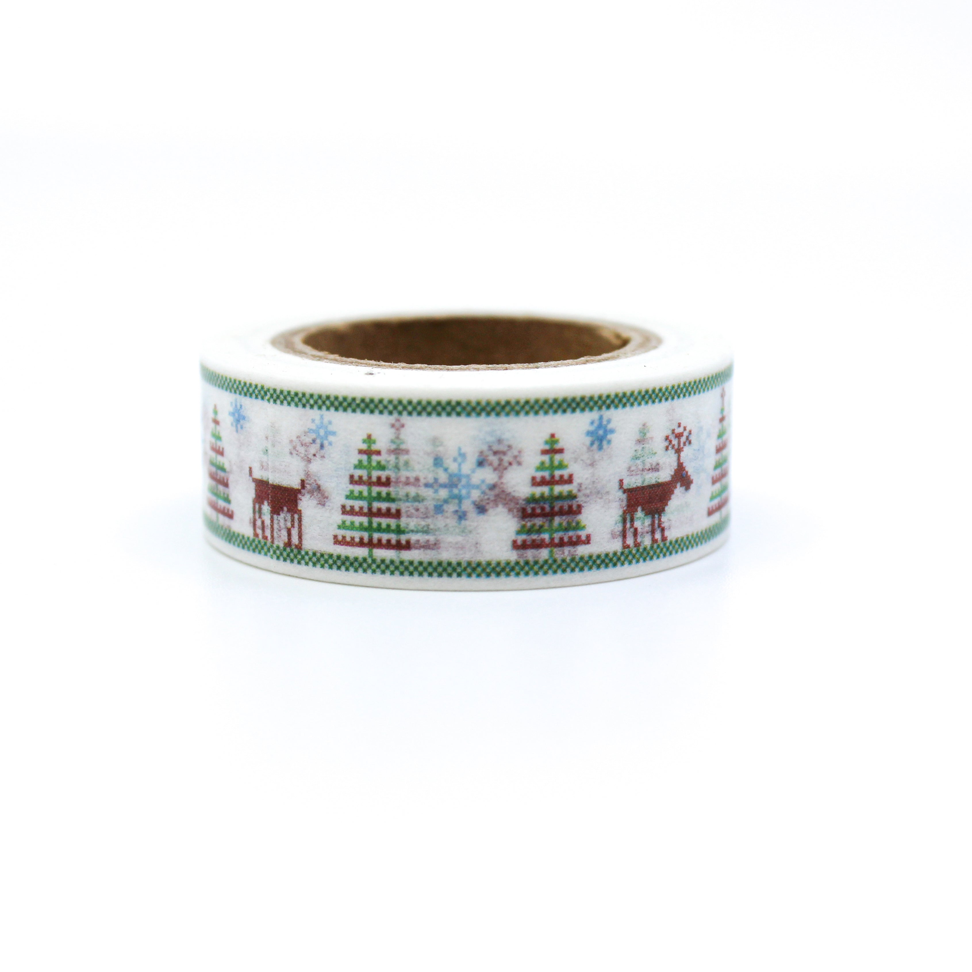 This is a cross stitch reindeer standing up with Christmas tree washi tapes from BBB Supplies Craft Shop