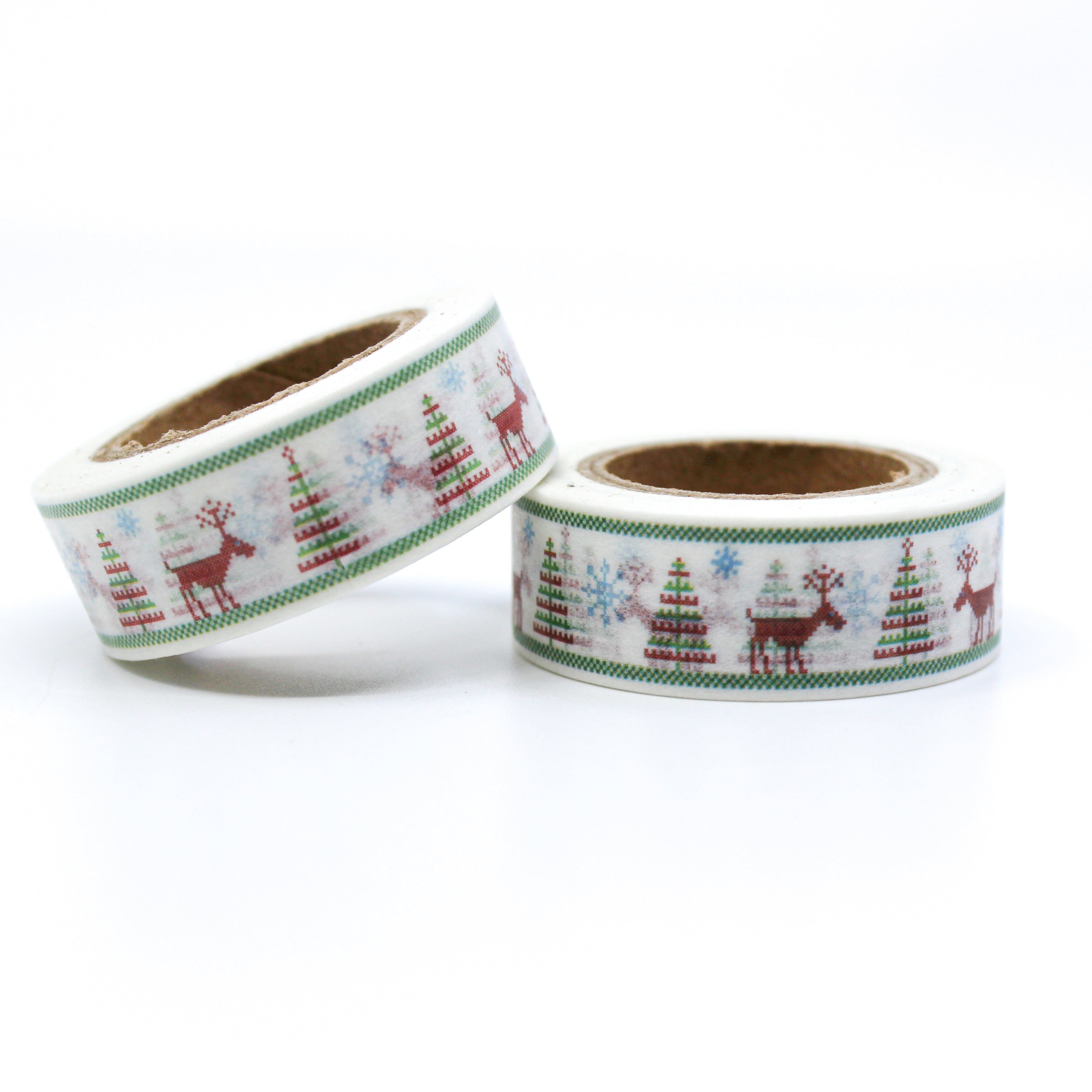 This is a cute reindeer beside of Christmas tree in a cross stitch pattern for Journal Supplies, Scrapbooking washi tapes from BBB Supplies Craft Shop