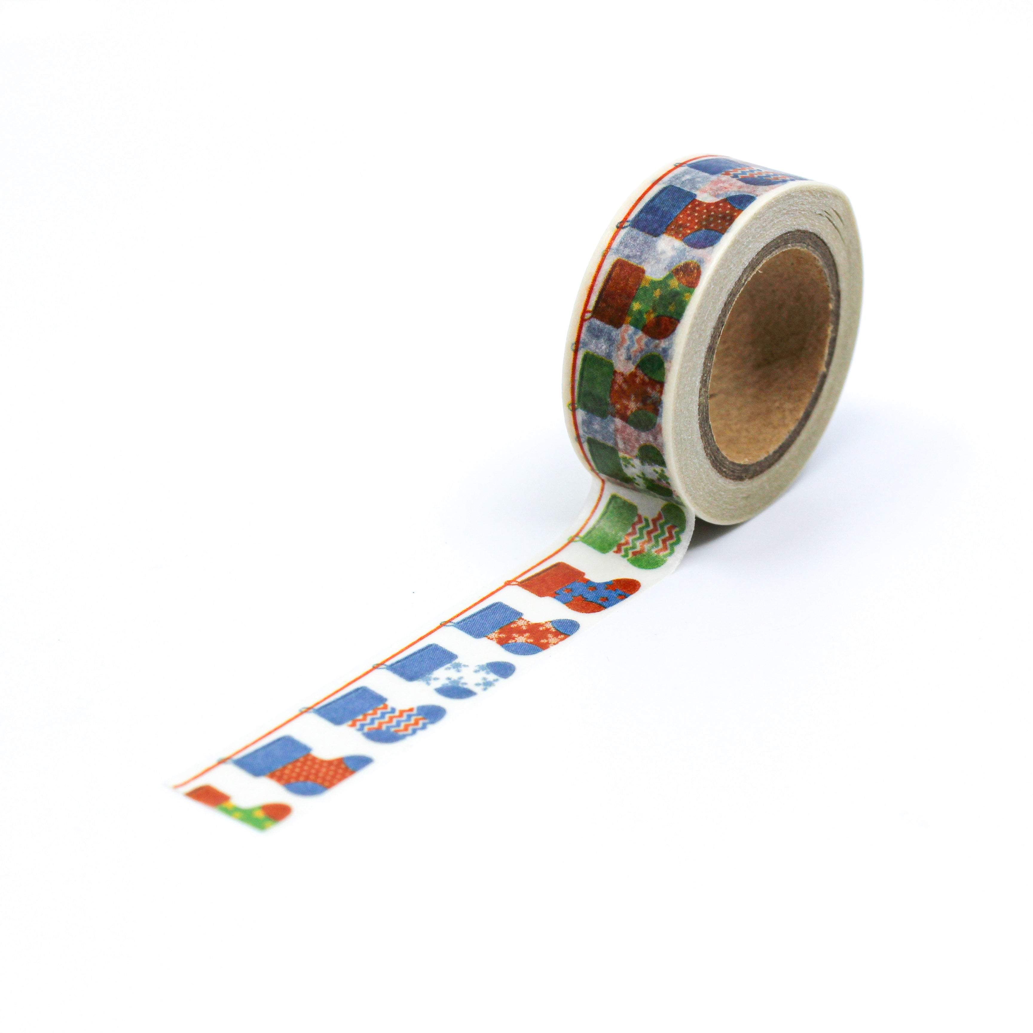 This is a full pattern repeat view of different style of Christmas stockings pattern Washi Tape from BBB Supplies Craft Shop