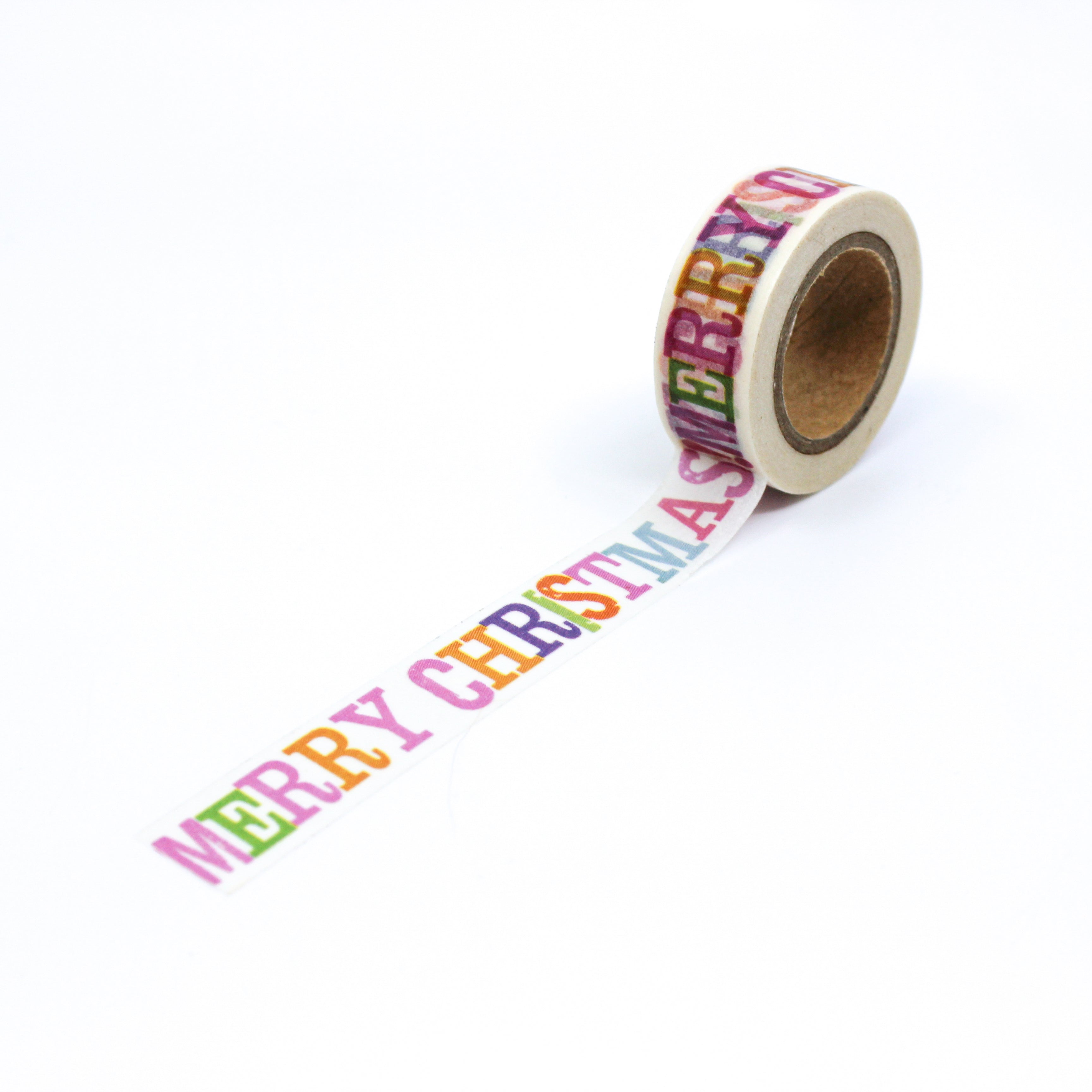 This is a full pattern repeat view of colorful Merry Christmas block letters pattern Washi Tape from BBB Supplies Craft Shop