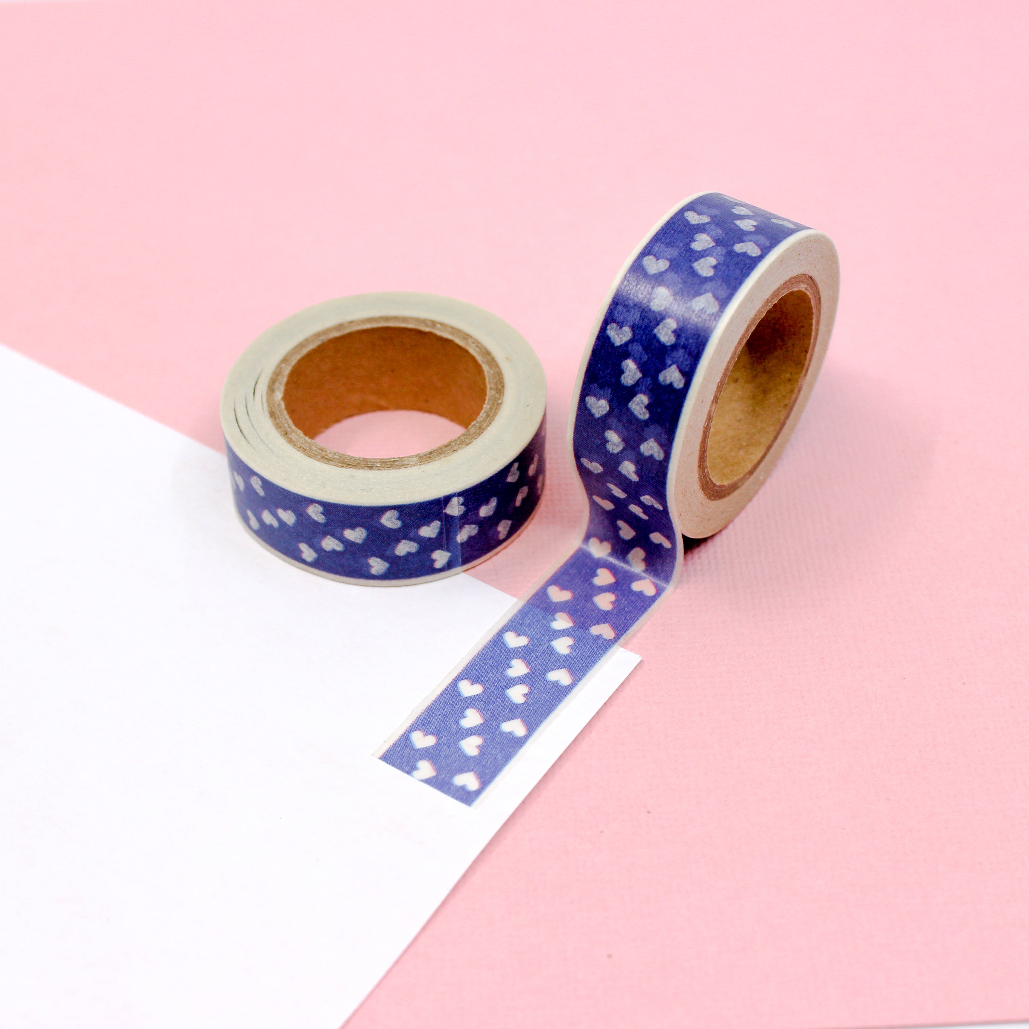 This is a blue multi hearts-themed washi tape from BBB Supplies Craft Shop