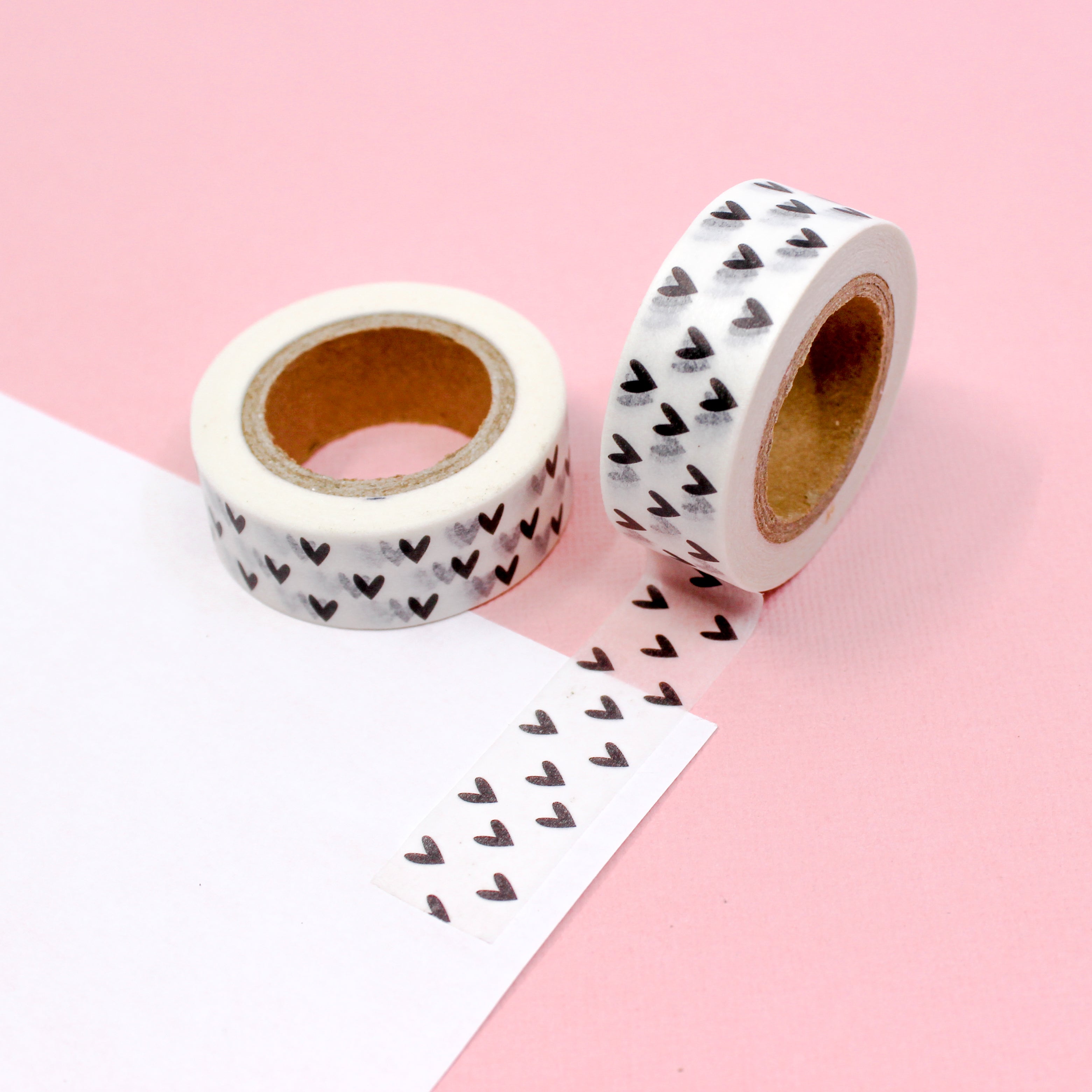 This is a black and white modern multi-hearts washi tape from BBB Supplies Craft Shop