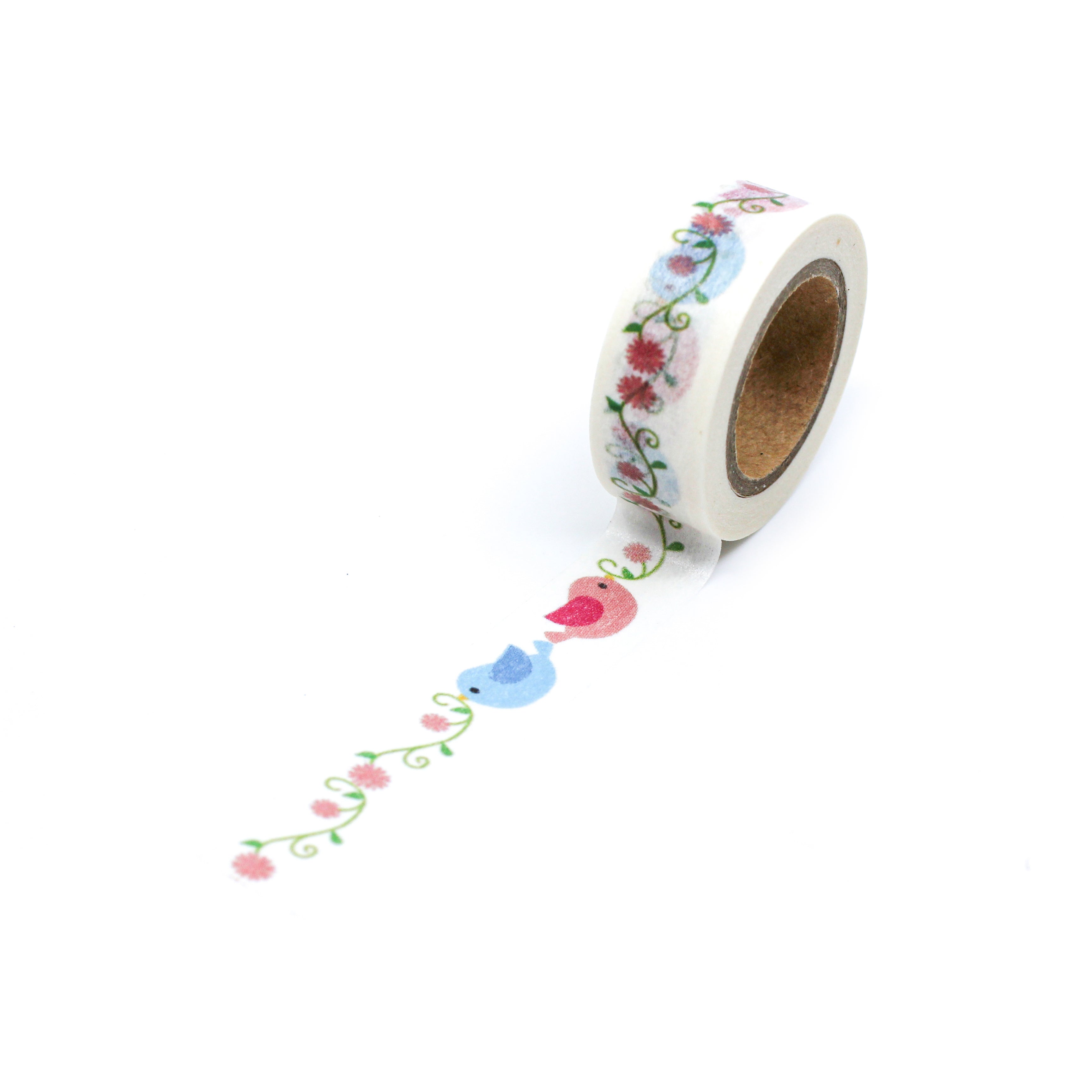 This is a full pattern repeat view of variety of colors birds with vines and flowers washi tape from BBB Supplies Craft Shop
