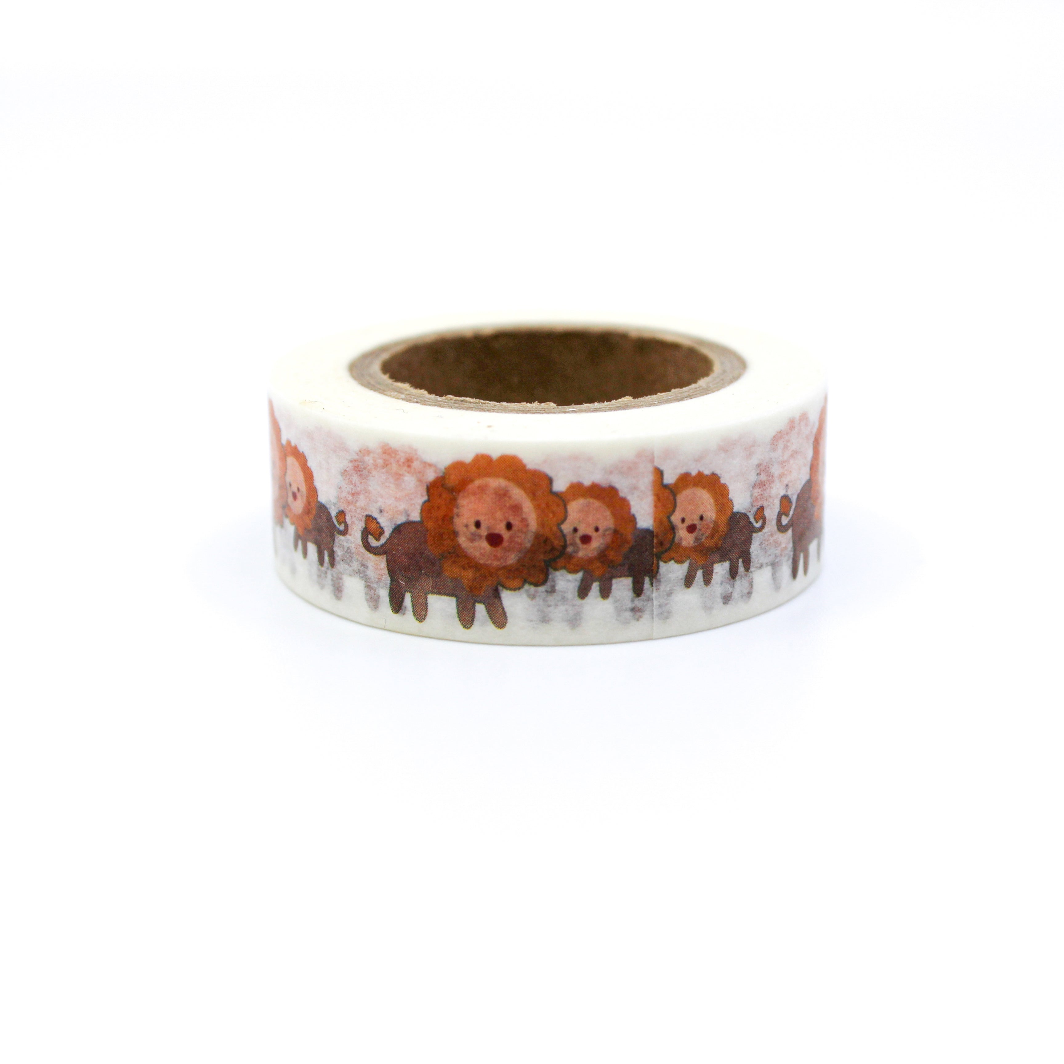 This is an orange and grey lions pattern in a white background washi tape from BBB Supplies Craft Shop